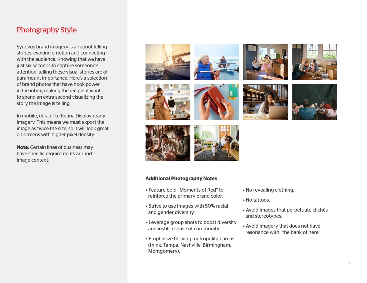 Playbook page showing the Synovus email photo style